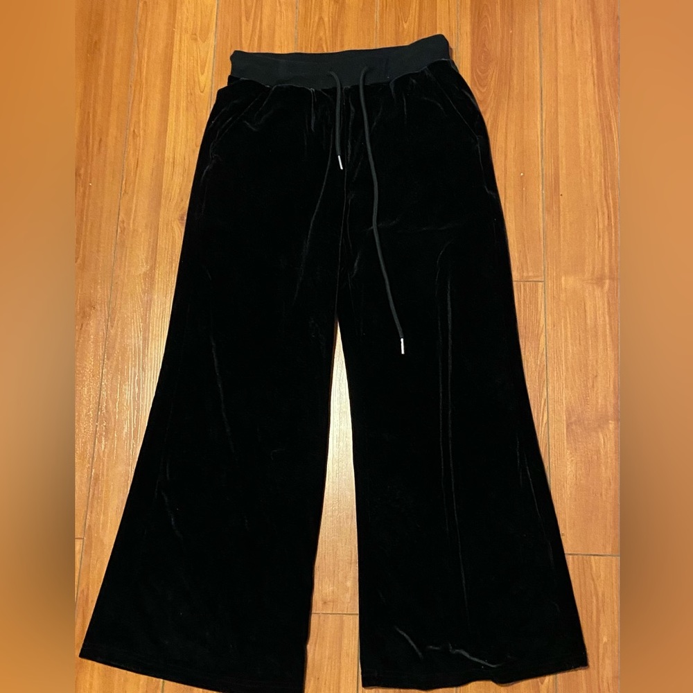 drawstring velvet straight leg black pants